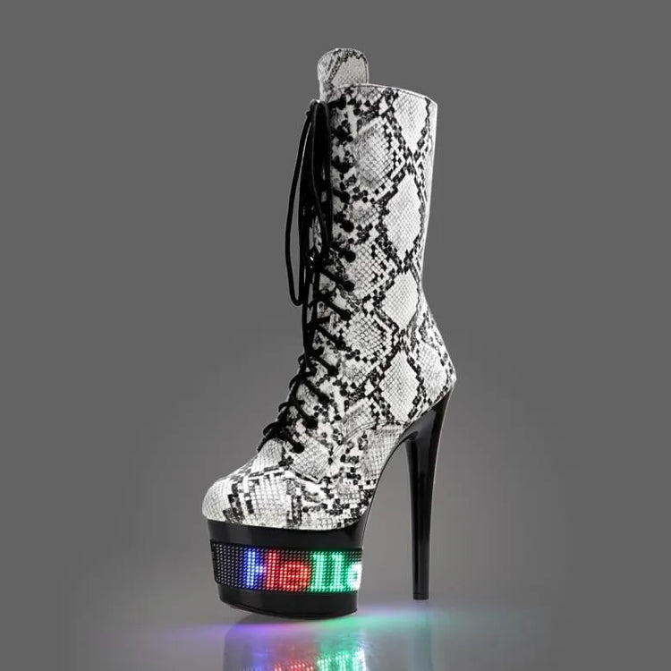 Stylish light-up boots for clubs with energy-efficient LED display and unique snake print design