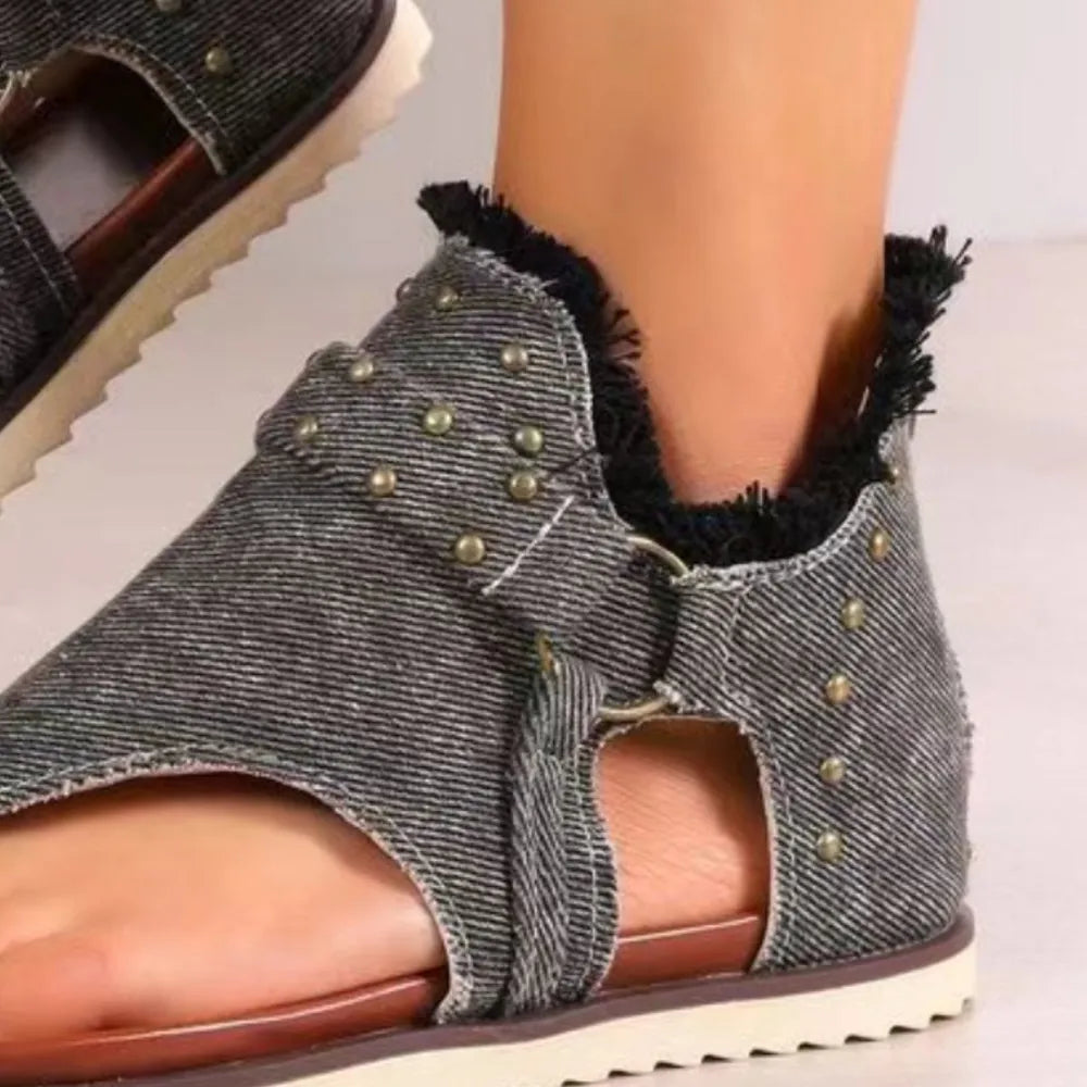 Studded Raw Hem Flat Open Toe Summer Denim Sandals