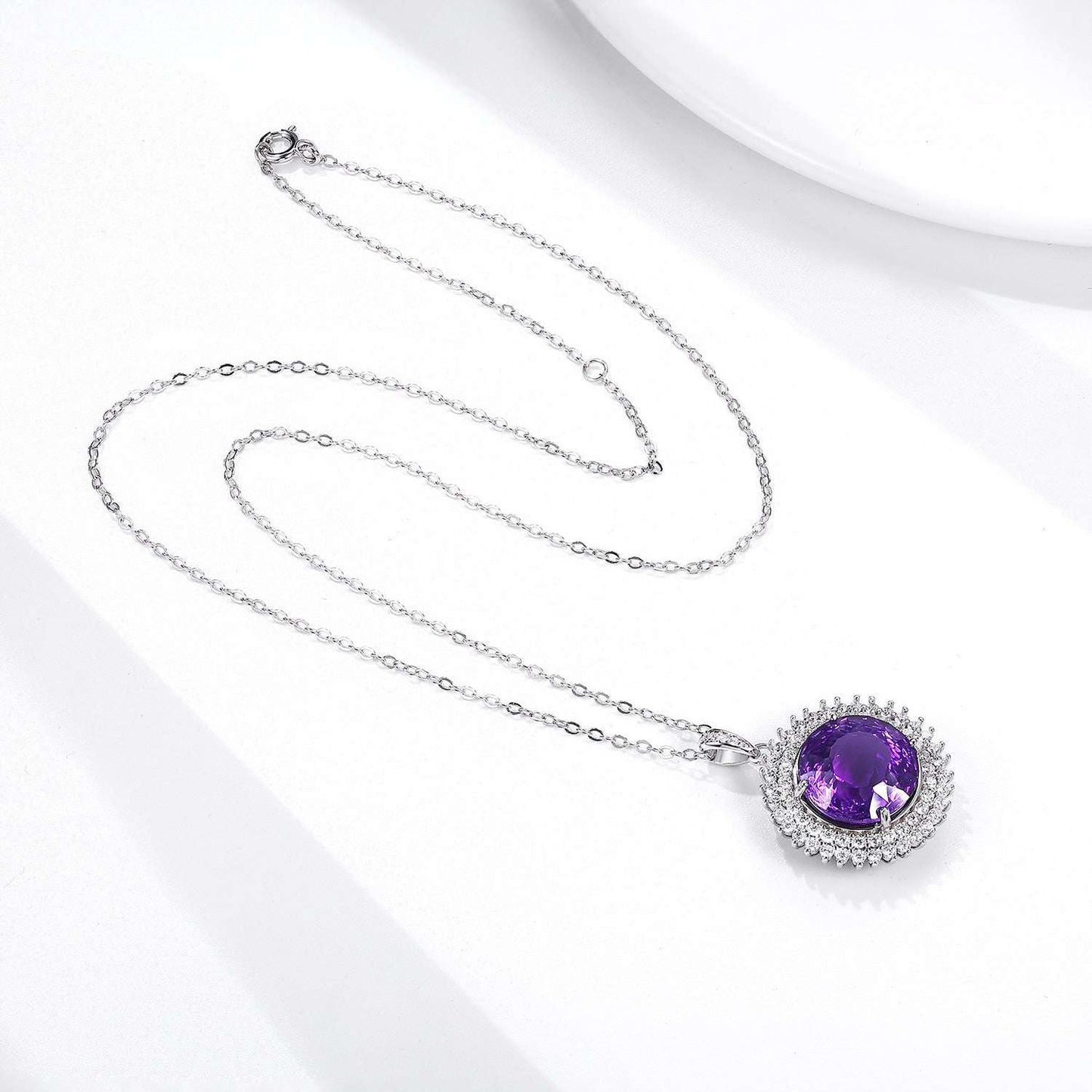 925 Silver Set Round Bird's Nest Cut Natural Amethyst Necklace