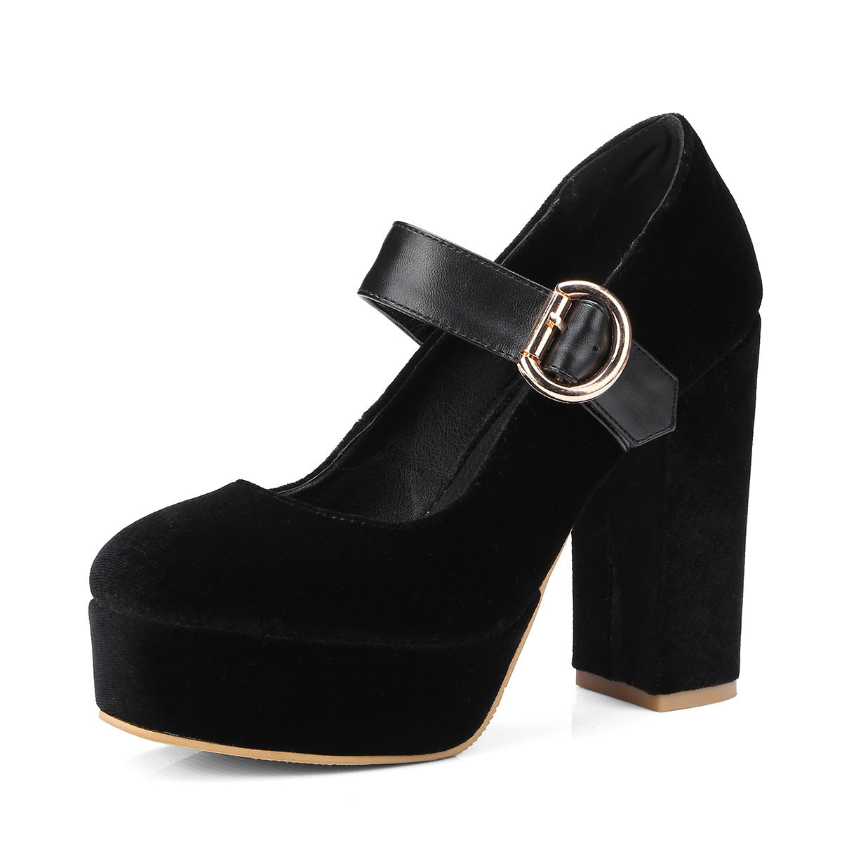Beautiful Velour Block Heel Mary Jane Shoes