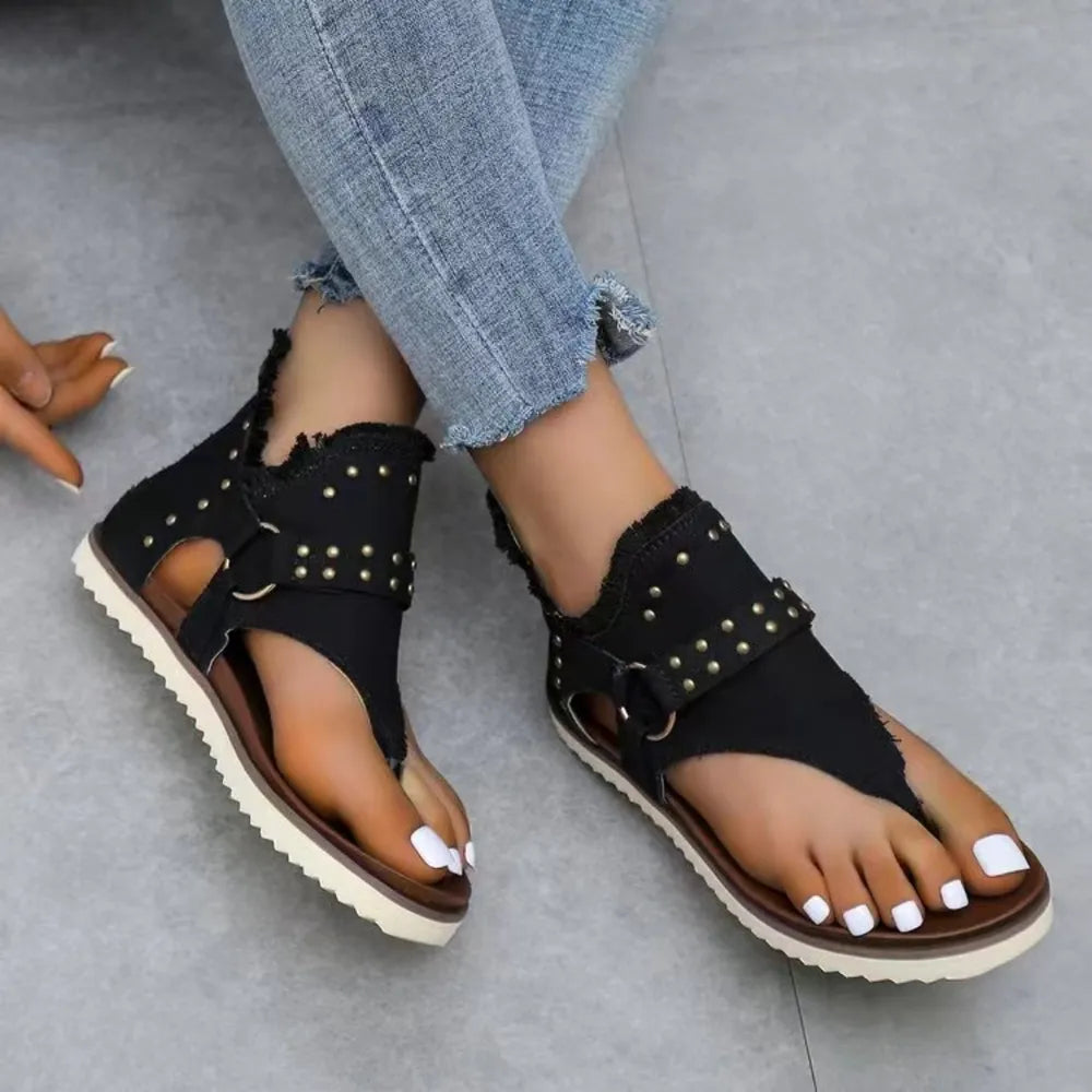 Studded Raw Hem Flat Open Toe Summer Denim Sandals