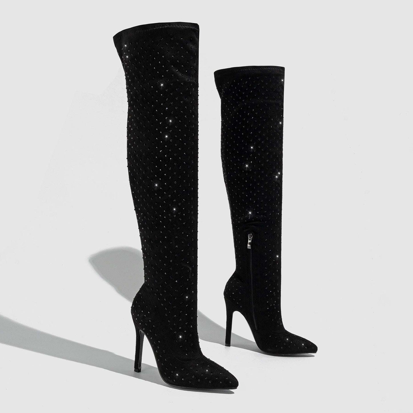 Pointed Toe Diamond Sequin Stiletto Heel Side Zipper Over-the-knee High Boots