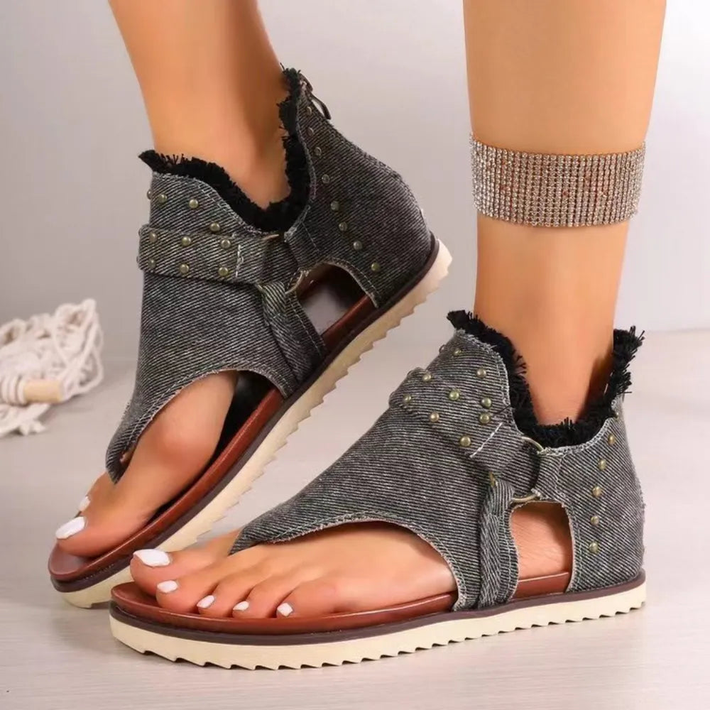 Studded Raw Hem Flat Open Toe Summer Denim Sandals