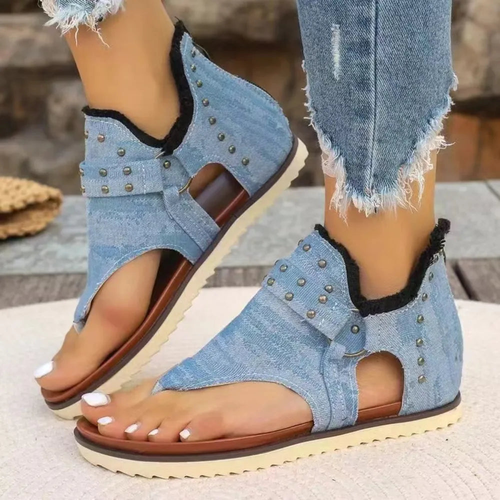Studded Raw Hem Flat Open Toe Summer Denim Sandals