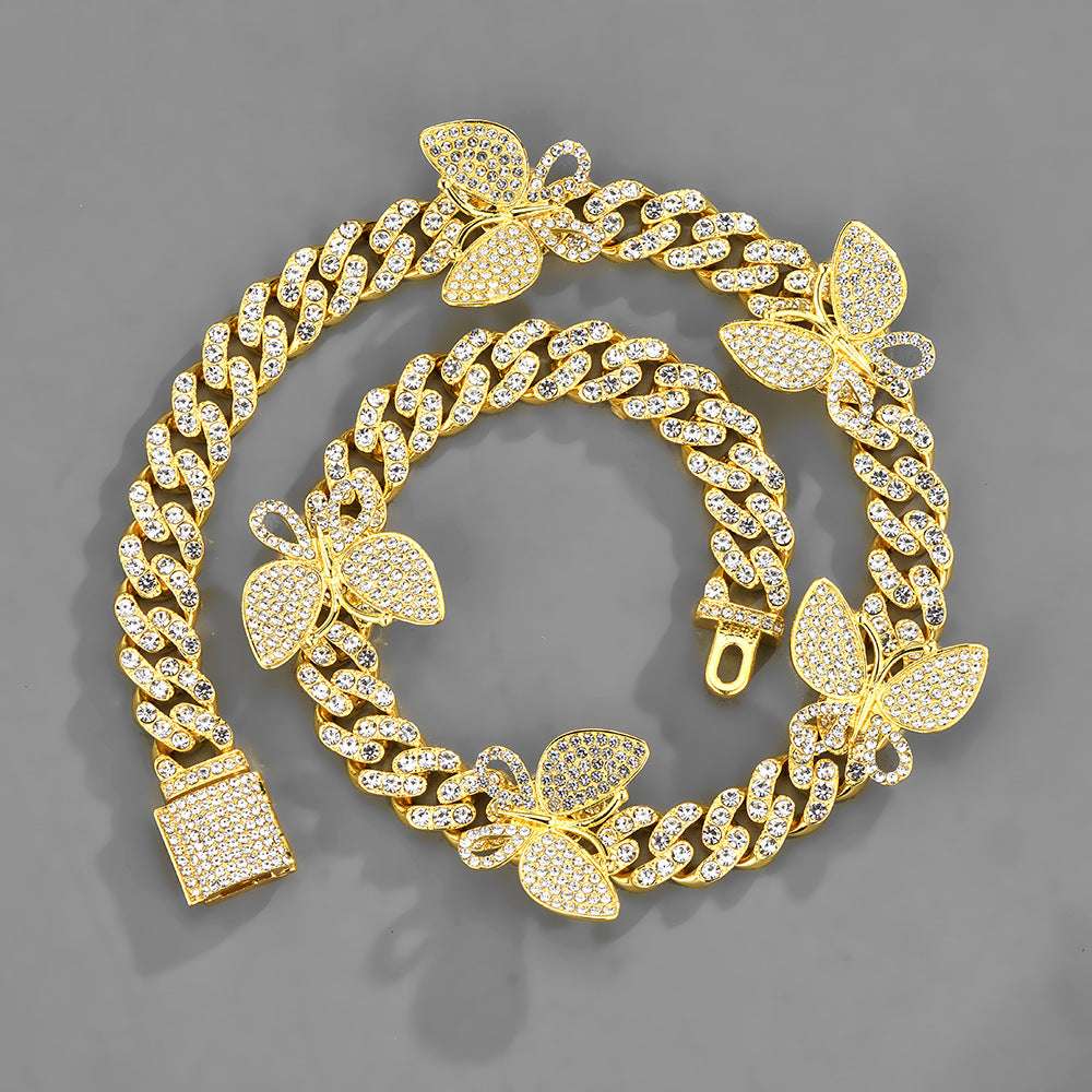 Ladies Iced Out Butterfly Cuban Chain 15mm Geometric HipHop Necklace Jewelry