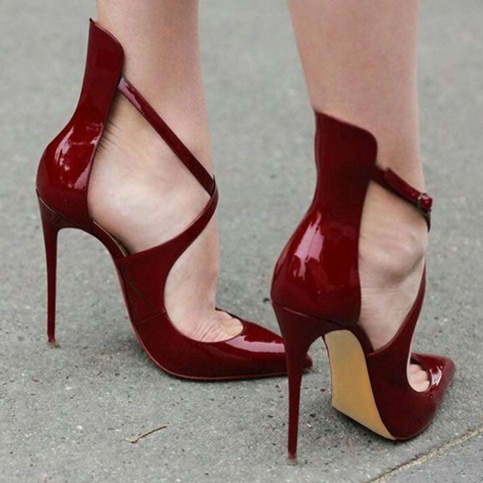 Ladies Cross Strap High Stiletto Heel Patent Shoes