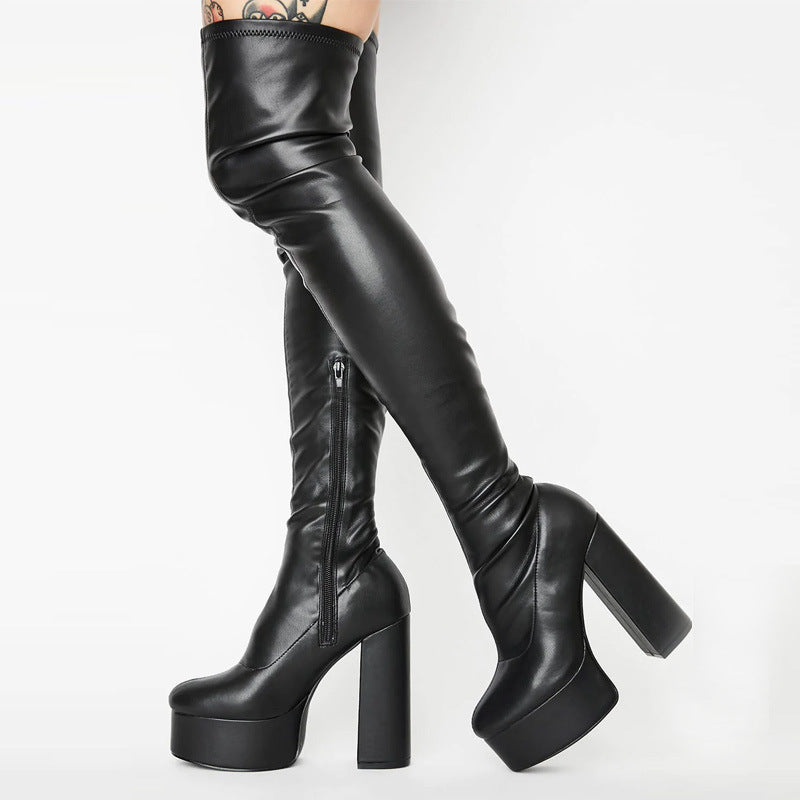 Women's over-the-knee Round Toe Platform Heel Zip Up boots