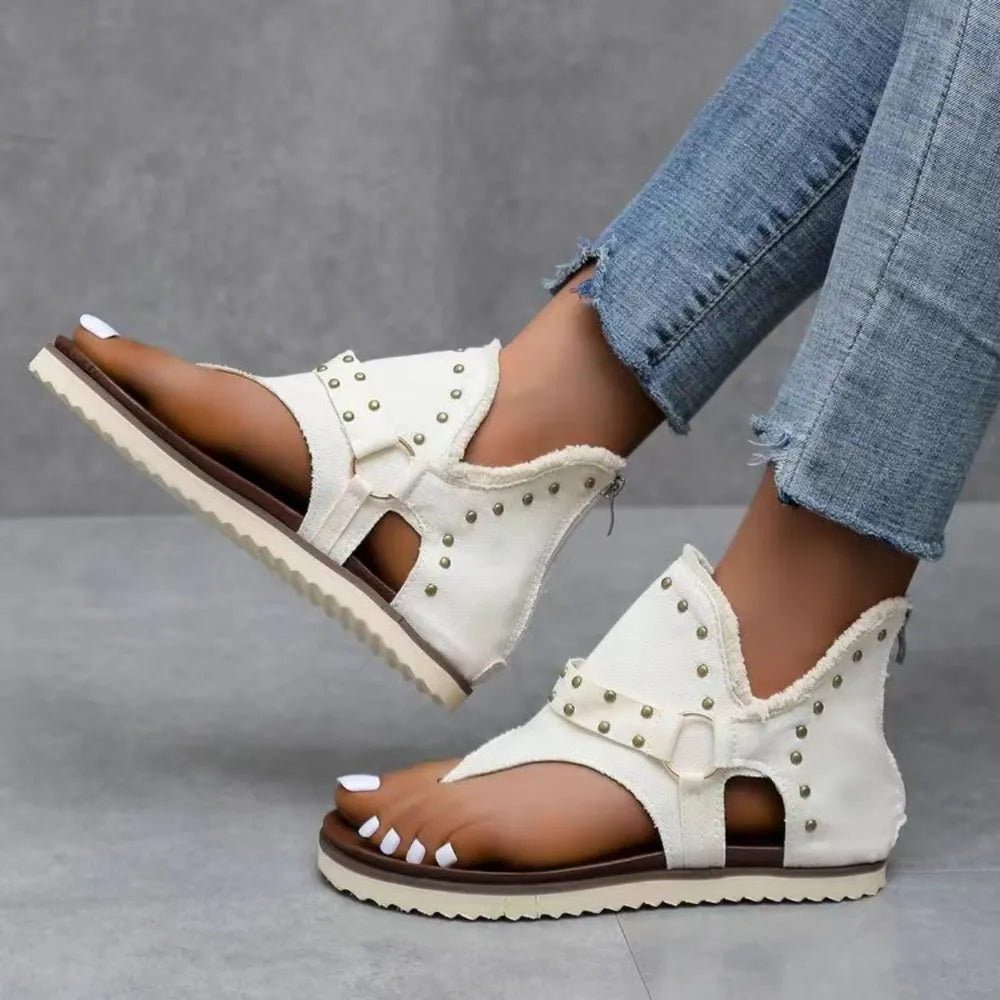 Studded Raw Hem Flat Open Toe Summer Denim Sandals