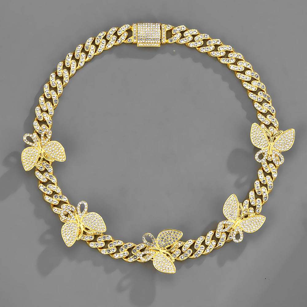 Ladies Iced Out Butterfly Cuban Chain 15mm Geometric HipHop Necklace Jewelry
