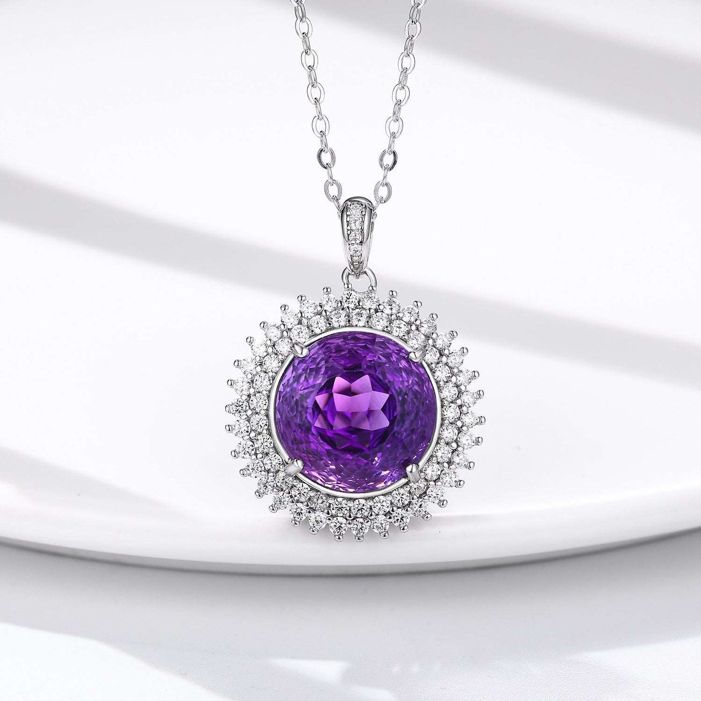 925 Silver Set Round Bird's Nest Cut Natural Amethyst Necklace