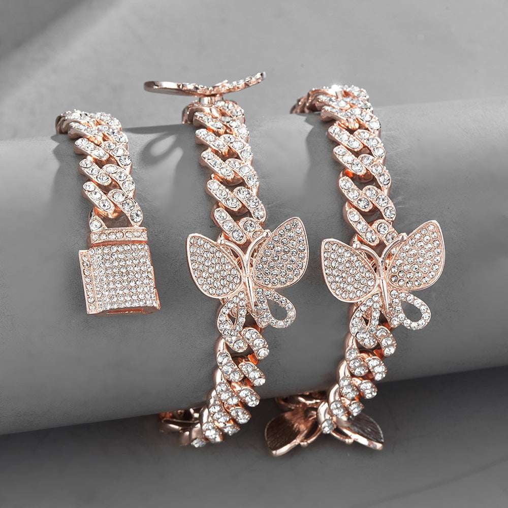 Ladies Iced Out Butterfly Cuban Chain 15mm Geometric HipHop Necklace Jewelry