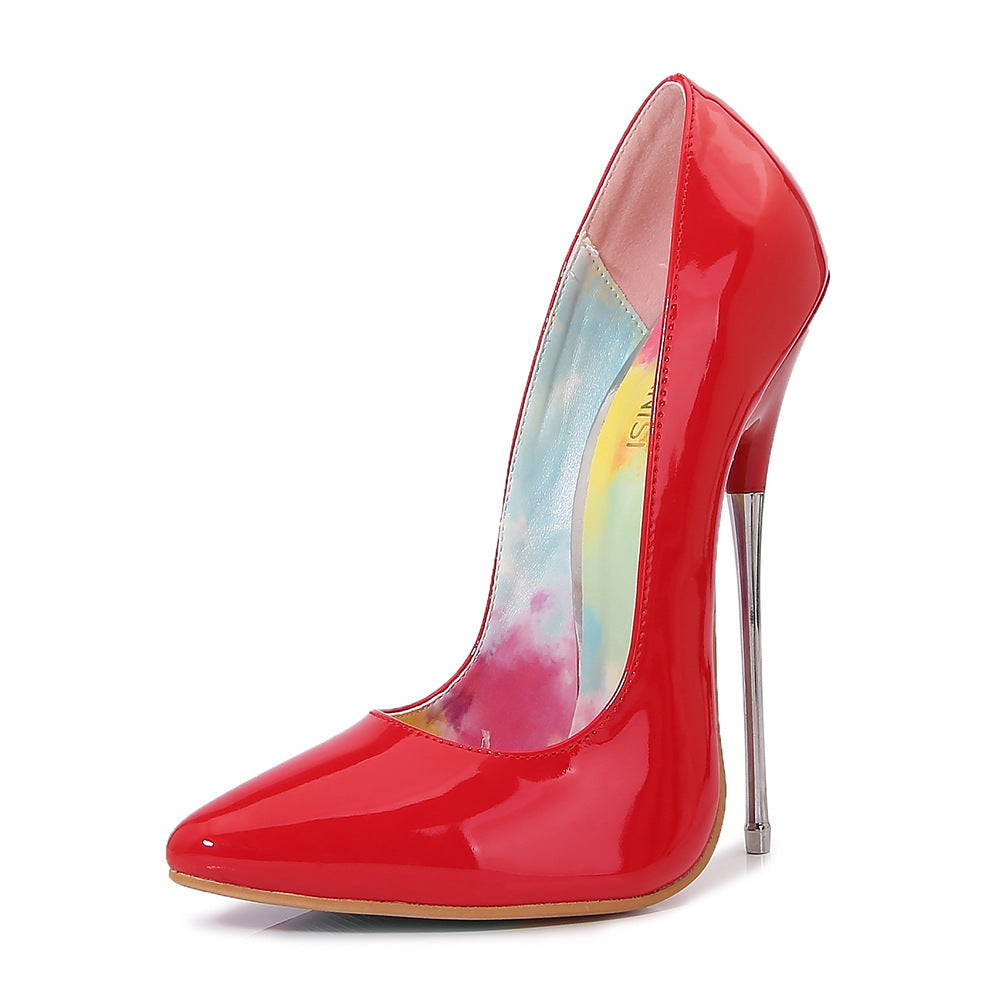 Lacquered faux patent leather pointed toe metal high heels