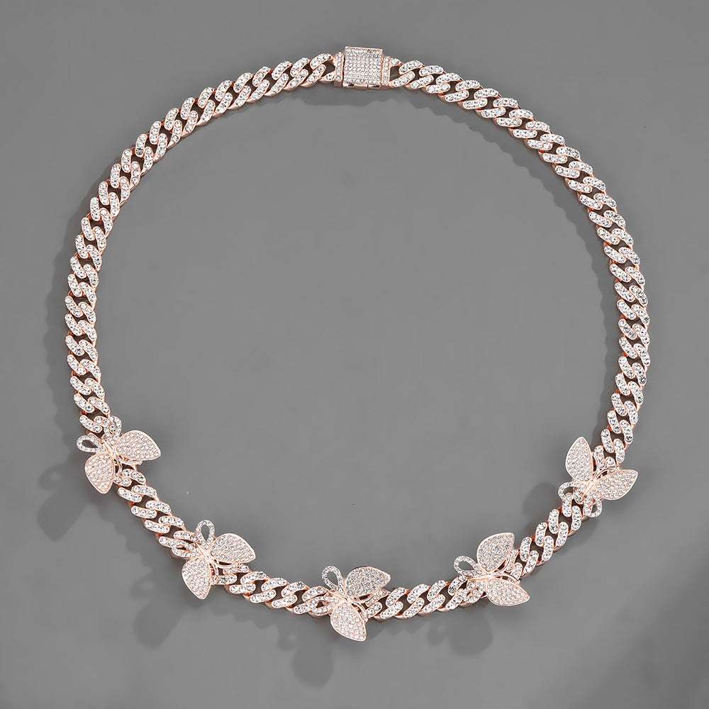 Ladies Iced Out Butterfly Cuban Chain 15mm Geometric HipHop Necklace Jewelry