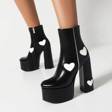 Womens Platform Boots Heart-shaped Color Block High Heels