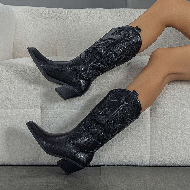 Women's Embroidered Chunky Heel Satin Western Boots