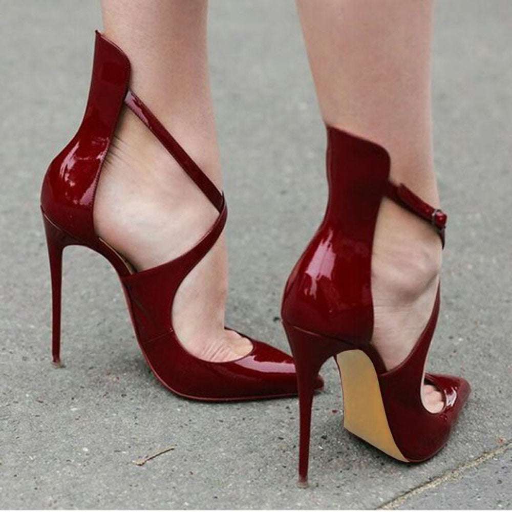 Ladies Cross Strap High Stiletto Heel Patent Shoes