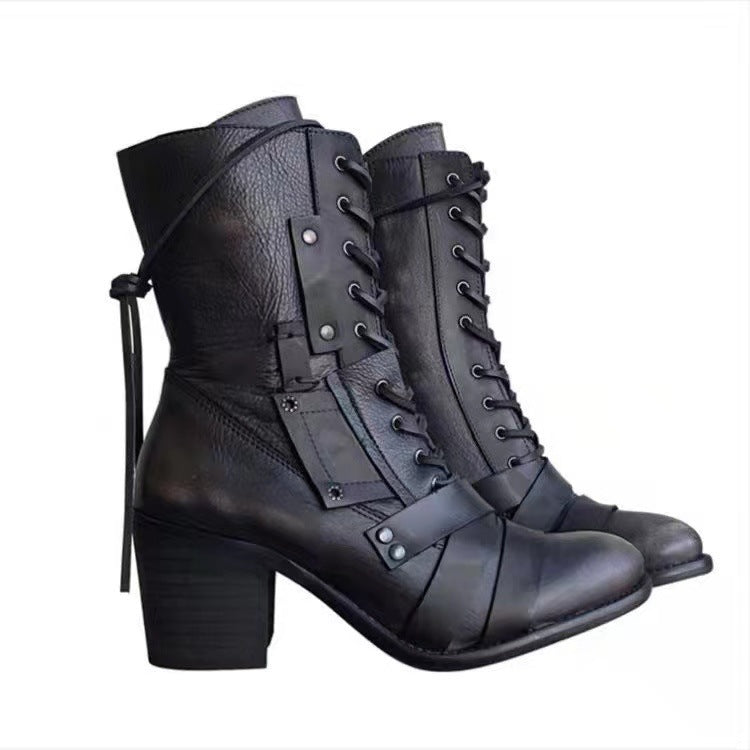 Steampunk-Stiefel mit hohem Absatz und spitzer Zehenpartie in Wadenlänge