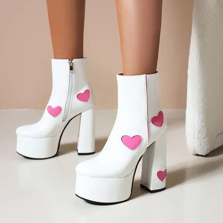 Womens Platform Boots Heart-shaped Color Block High Heels