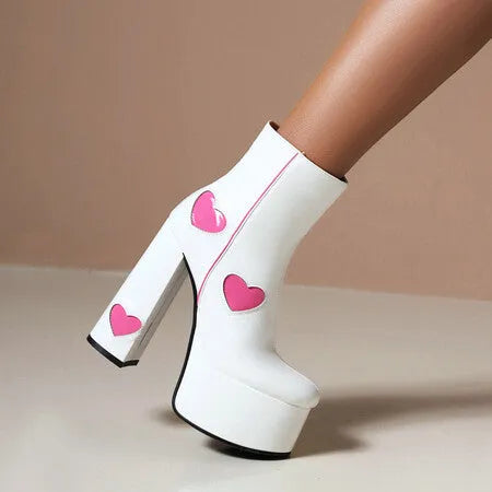 Womens Platform Boots Heart-shaped Color Block High Heels