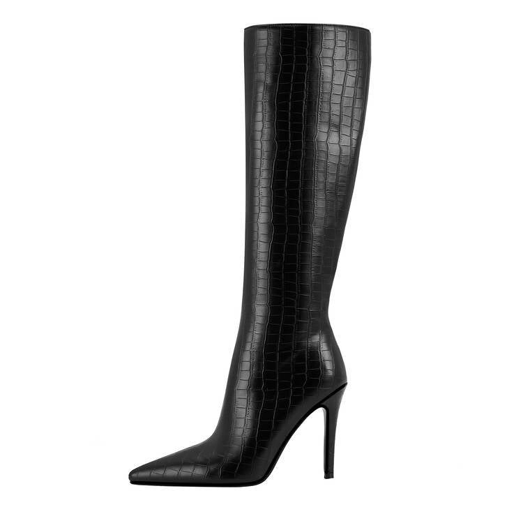 Schwarze Stiletto-Stiefel mit spitzer Zehenpartie und Karomuster