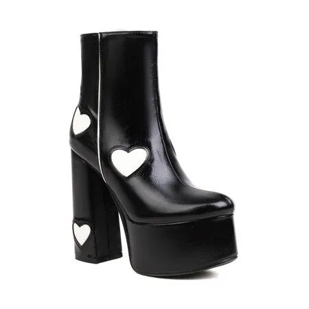 Womens Platform Boots Heart-shaped Color Block High Heels