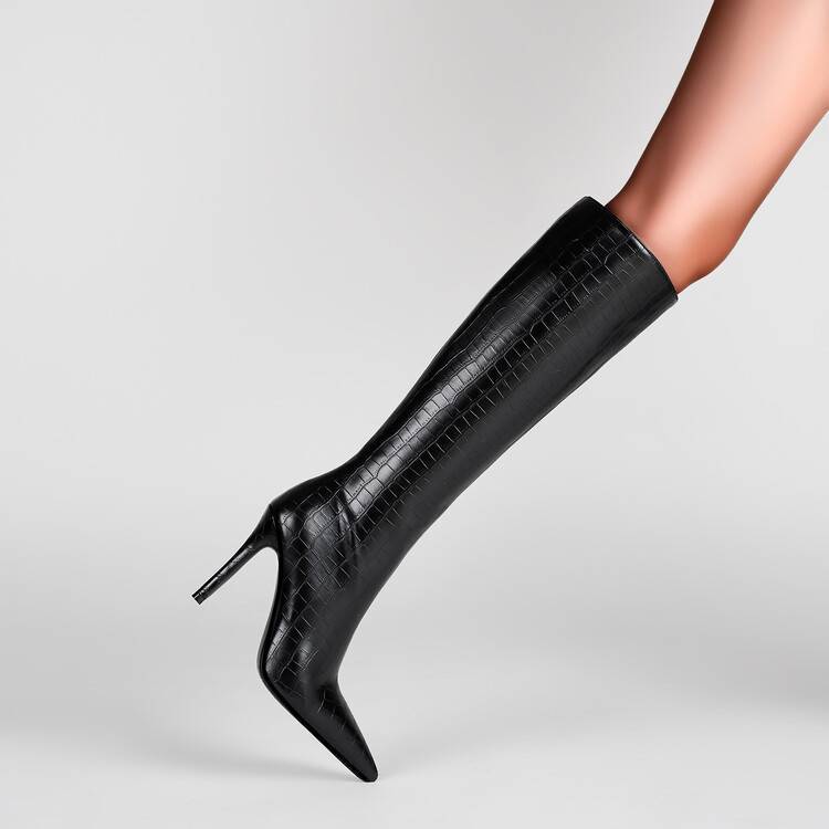 Schwarze Stiletto-Stiefel mit spitzer Zehenpartie und Karomuster
