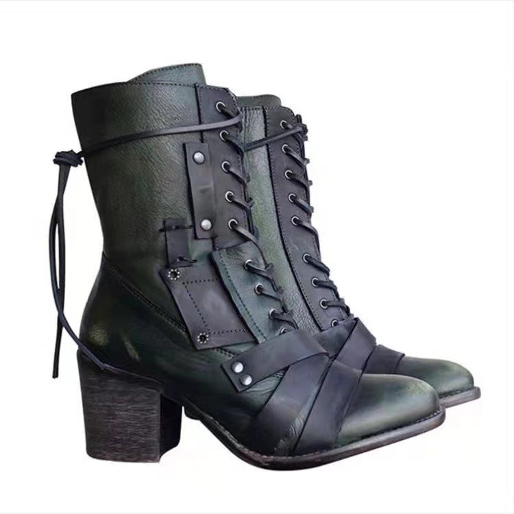 Steampunk-Stiefel mit hohem Absatz und spitzer Zehenpartie in Wadenlänge
