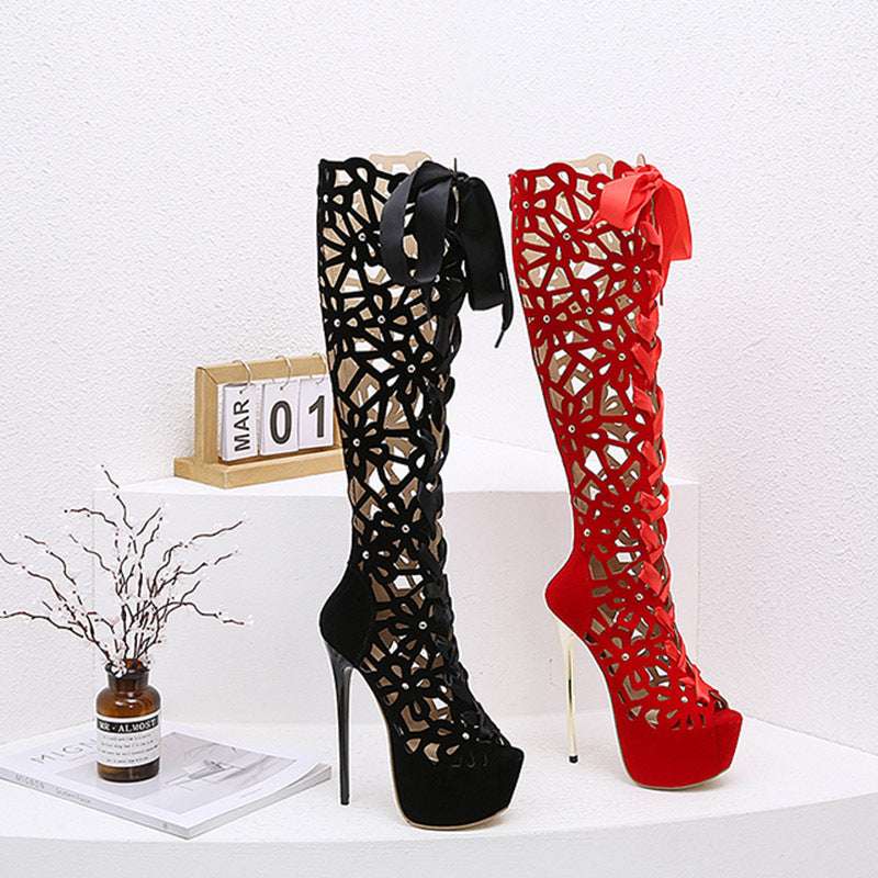 Ladies High Heel Ribbon Tie Crochet Lace Platform Boots