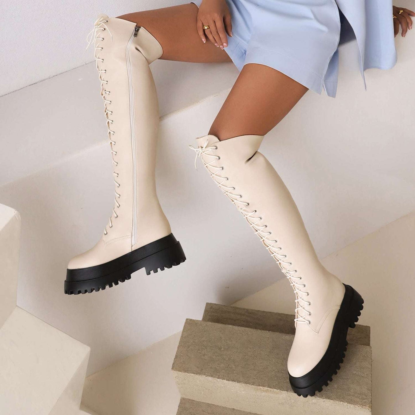 Ladies Knee High Punk Lace-up Round Toe Steampunk Style Boots