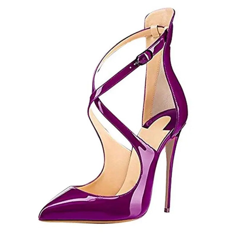 Ladies Cross Strap High Stiletto Heel Patent Shoes