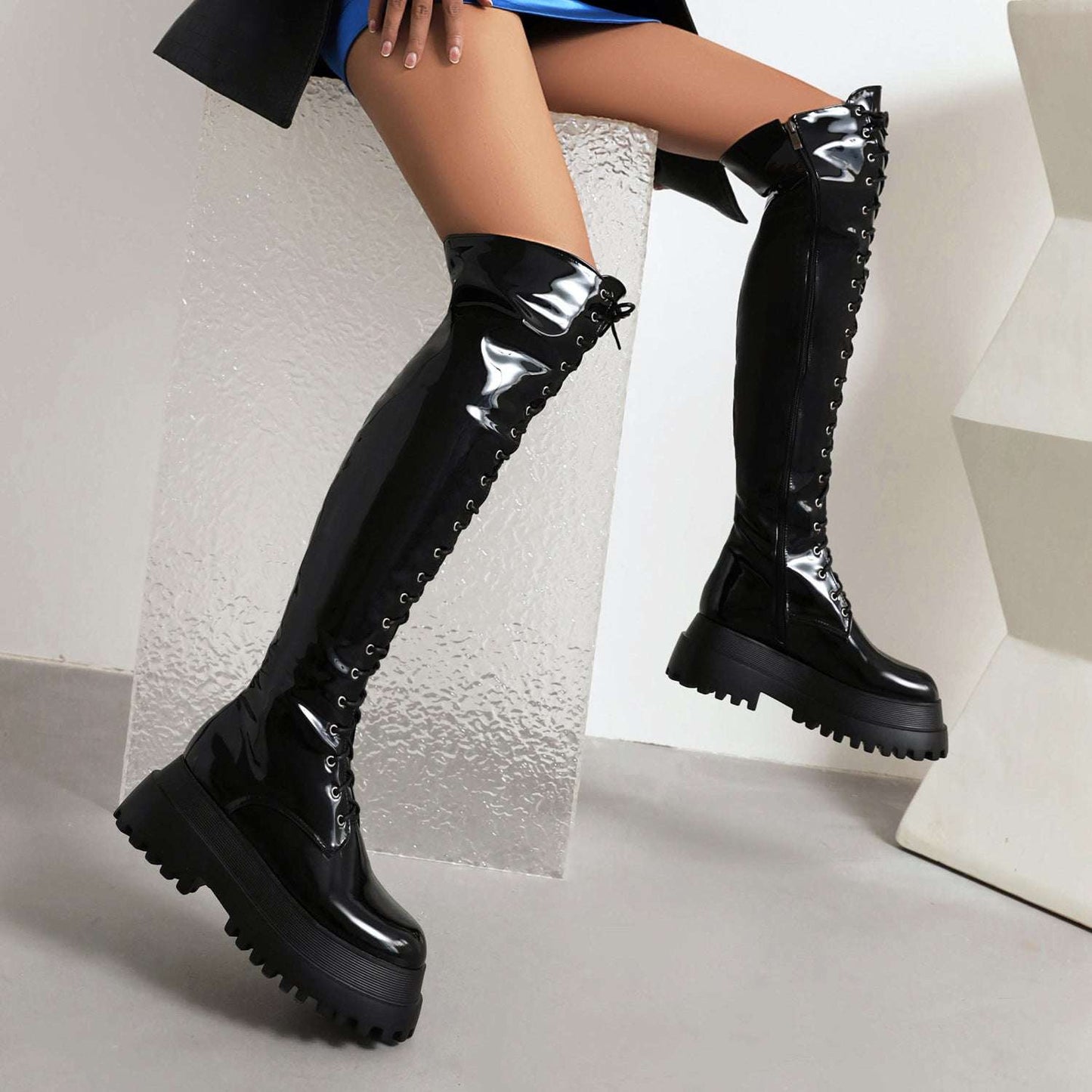 Ladies Knee High Punk Lace-up Round Toe Steampunk Style Boots