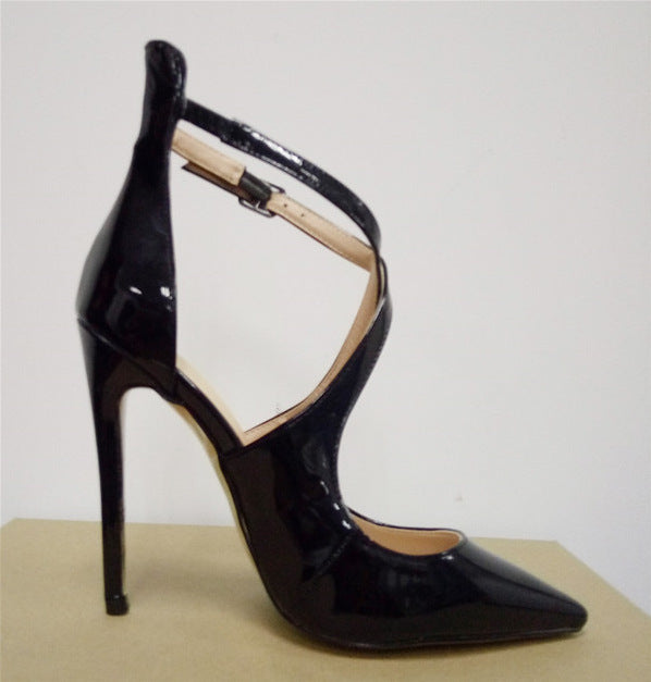 Ladies Cross Strap High Stiletto Heel Patent Shoes