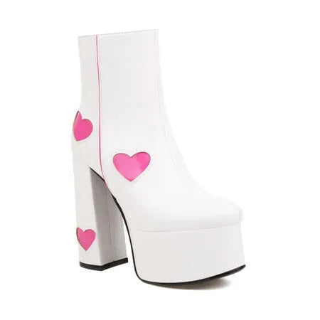 Womens Platform Boots Heart-shaped Color Block High Heels
