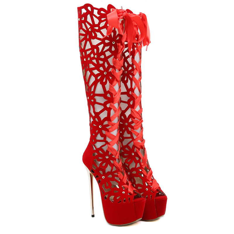 Damen-Plateaustiefel mit hohem Absatz und Schleife