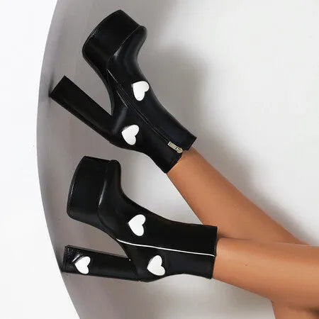 Womens Platform Boots Heart-shaped Color Block High Heels