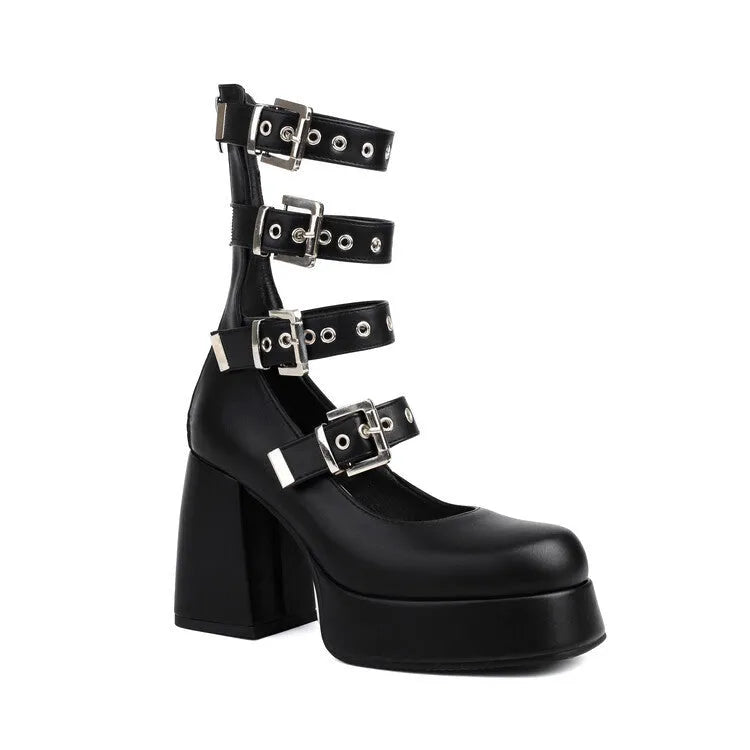 Schuhe mit mehreren Schnallen, klobigem High Heel und quadratischer Zehenpartie