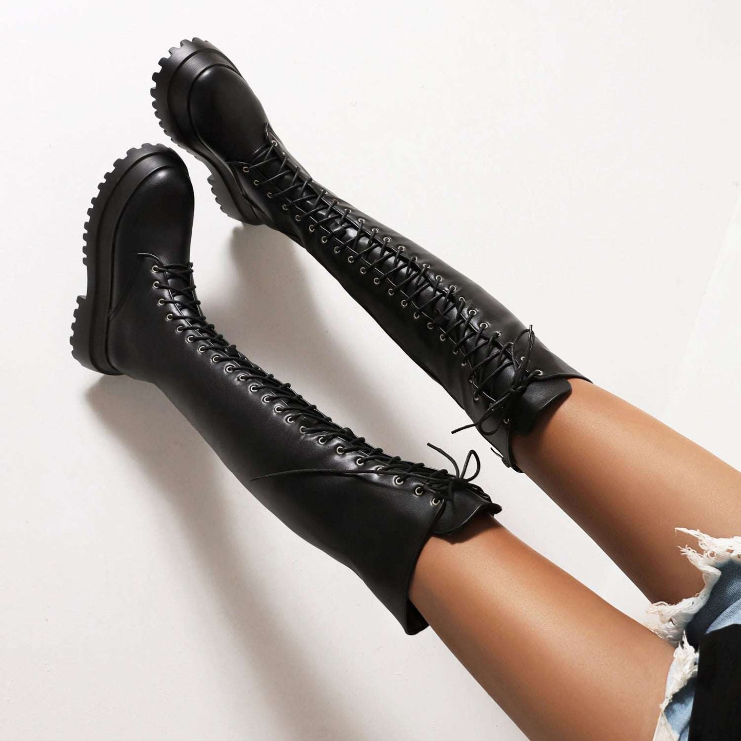 Ladies Knee High Punk Lace-up Round Toe Steampunk Style Boots