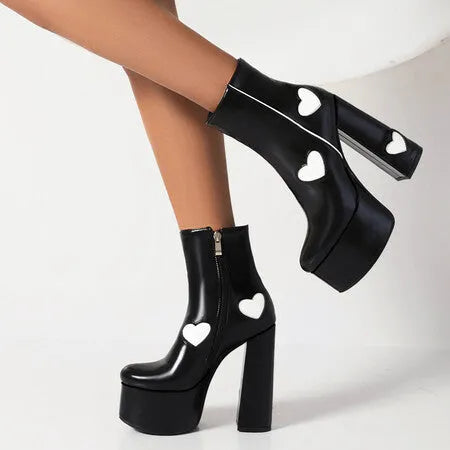 Womens Platform Boots Heart-shaped Color Block High Heels