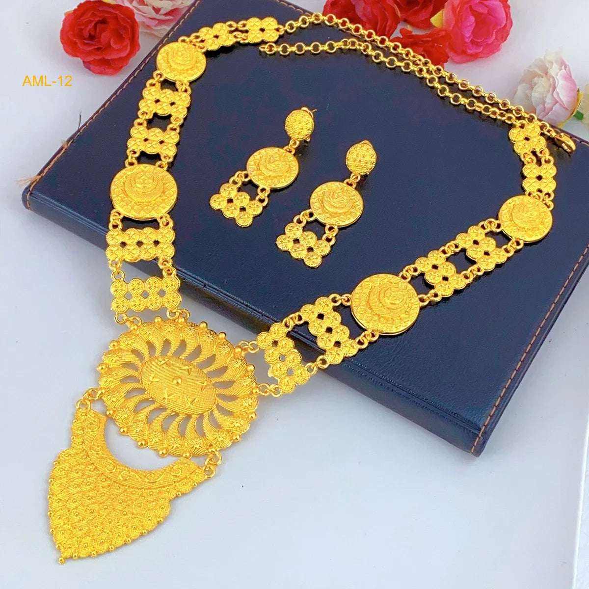 Bridal Indian Necklace Sets 24K Gold Plated Nigeria African Dubai Wedding Jewelry Set