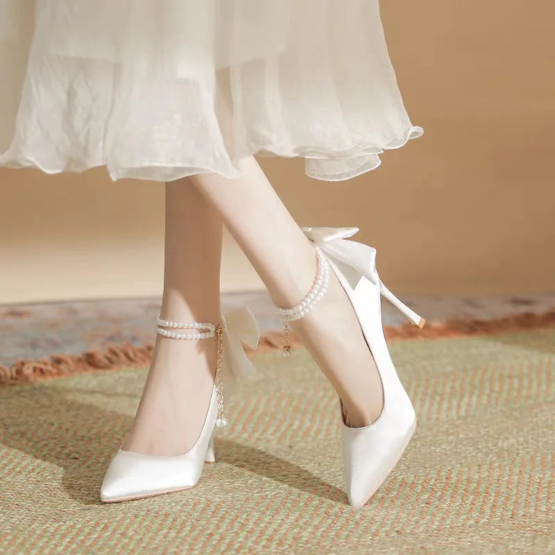 Stiletto Heel Point Toe Pearl Buckle Ladies Bow Satin White Wedding Shoes