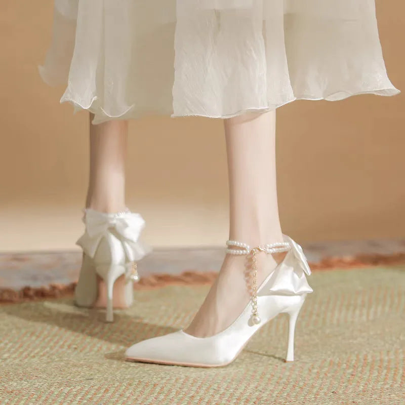 Stiletto Heel Point Toe Pearl Buckle Ladies Bow Satin White Wedding Shoes