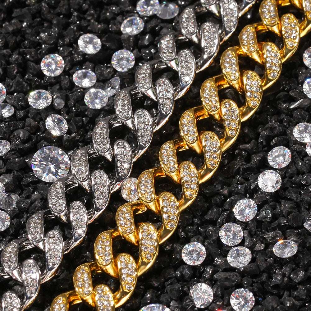 13mm Cuban Miami Link Rhinestone Hiphop Iced Out Chain Full Bling Bling
