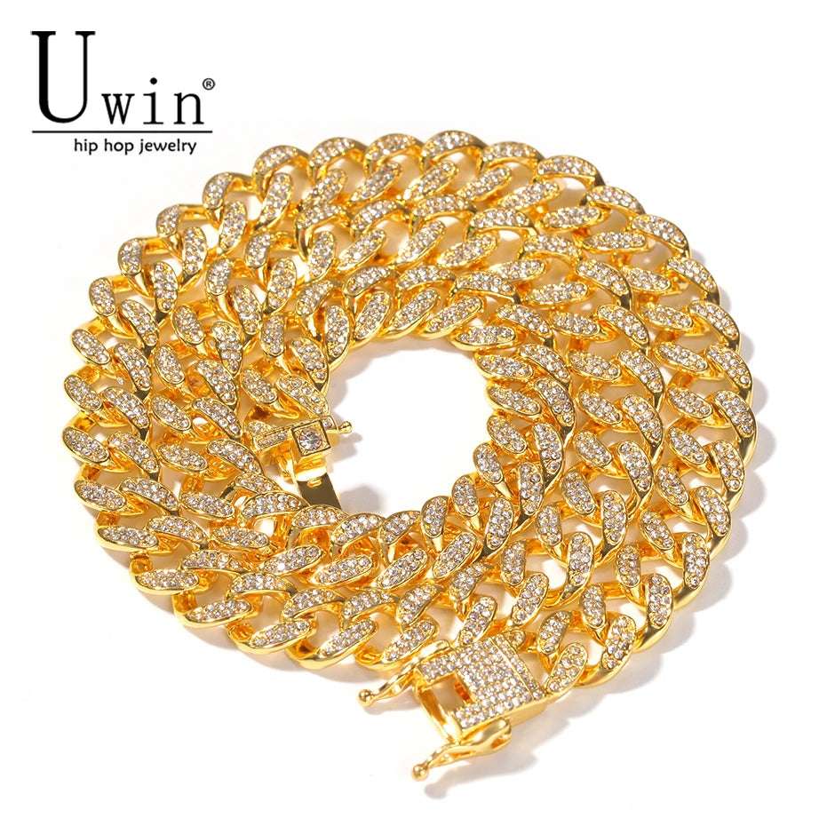 13mm Cuban Miami Link Rhinestone Hiphop Iced Out Chain Full Bling Bling