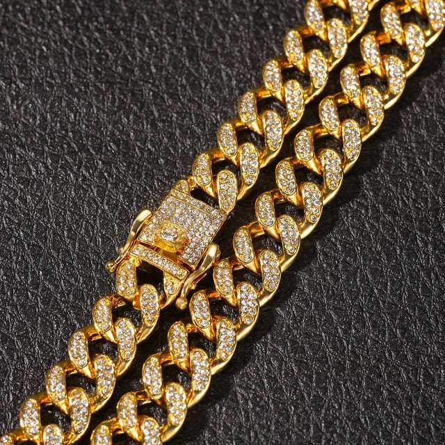 13mm Cuban Miami Link Rhinestone Hiphop Iced Out Chain Full Bling Bling
