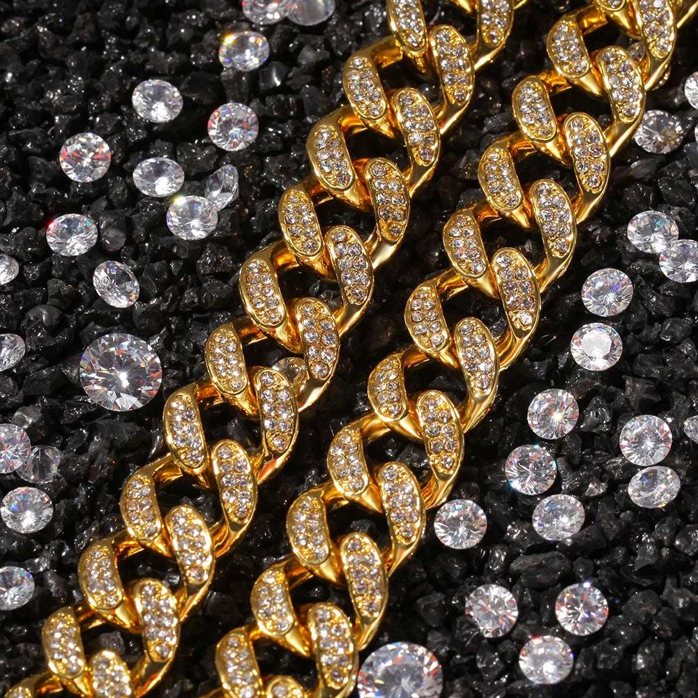 13mm Cuban Miami Link Rhinestone Hiphop Iced Out Chain Full Bling Bling