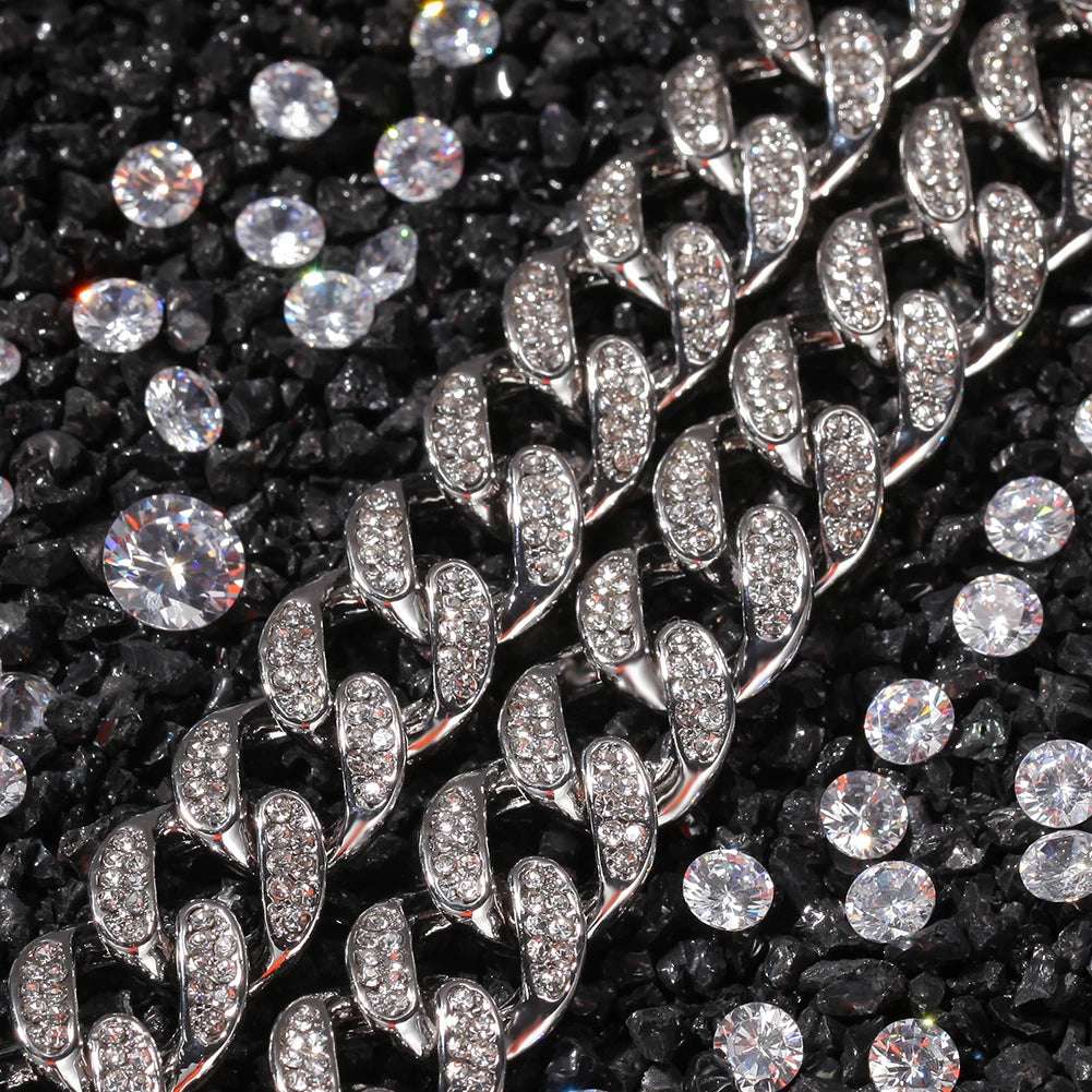 13mm Cuban Miami Link Rhinestone Hiphop Iced Out Chain Full Bling Bling
