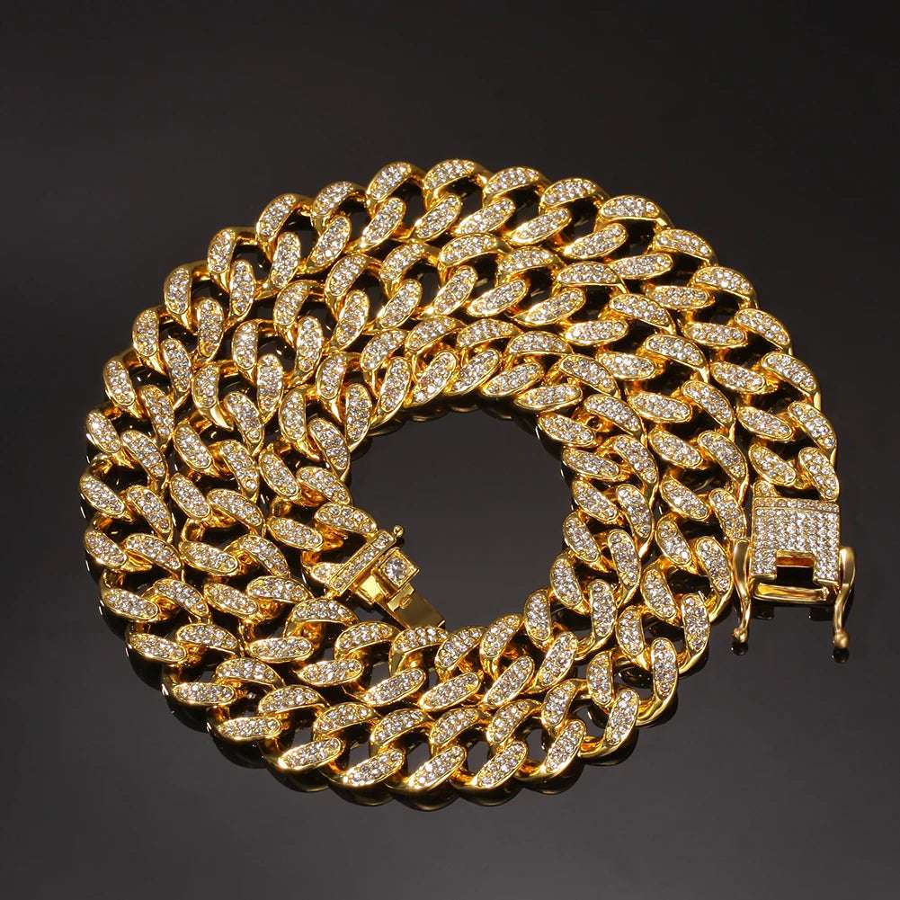 13mm Cuban Miami Link Rhinestone Hiphop Iced Out Chain Full Bling Bling