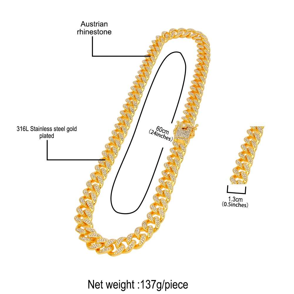 13mm Cuban Miami Link Rhinestone Hiphop Iced Out Chain Full Bling Bling