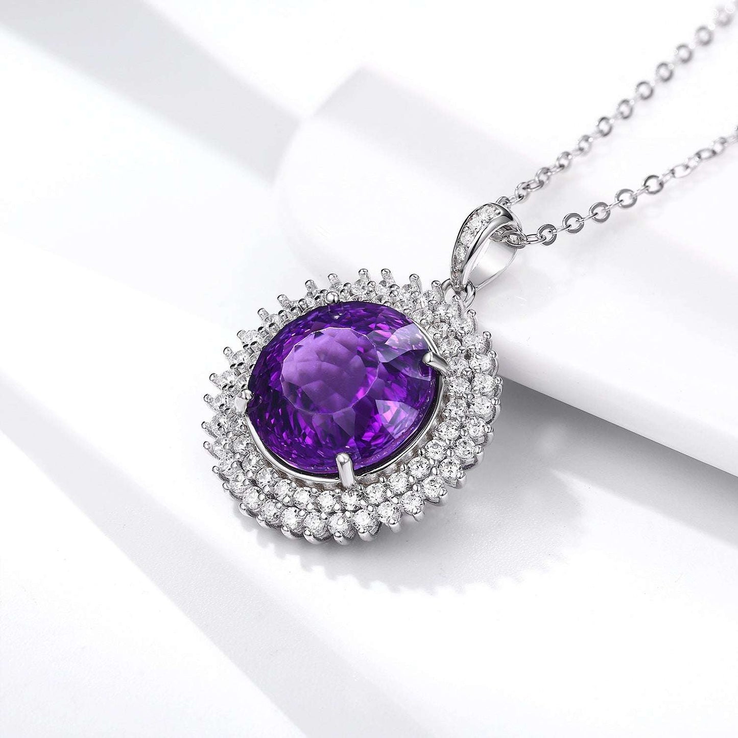 925 Silver Set Round Bird's Nest Cut Natural Amethyst Necklace