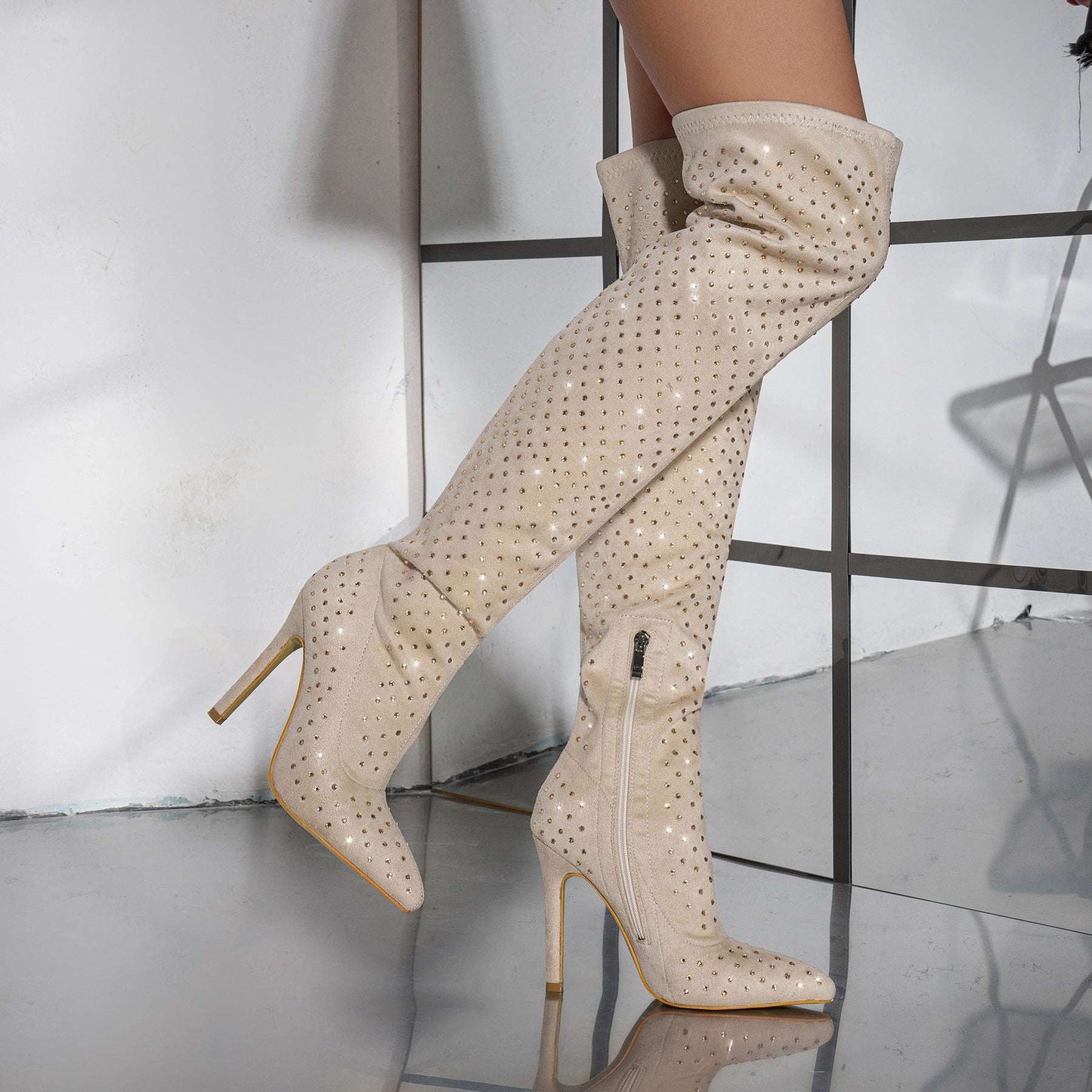 Pointed Toe Diamond Sequin Stiletto Heel Side Zipper Over-the-knee High Boots